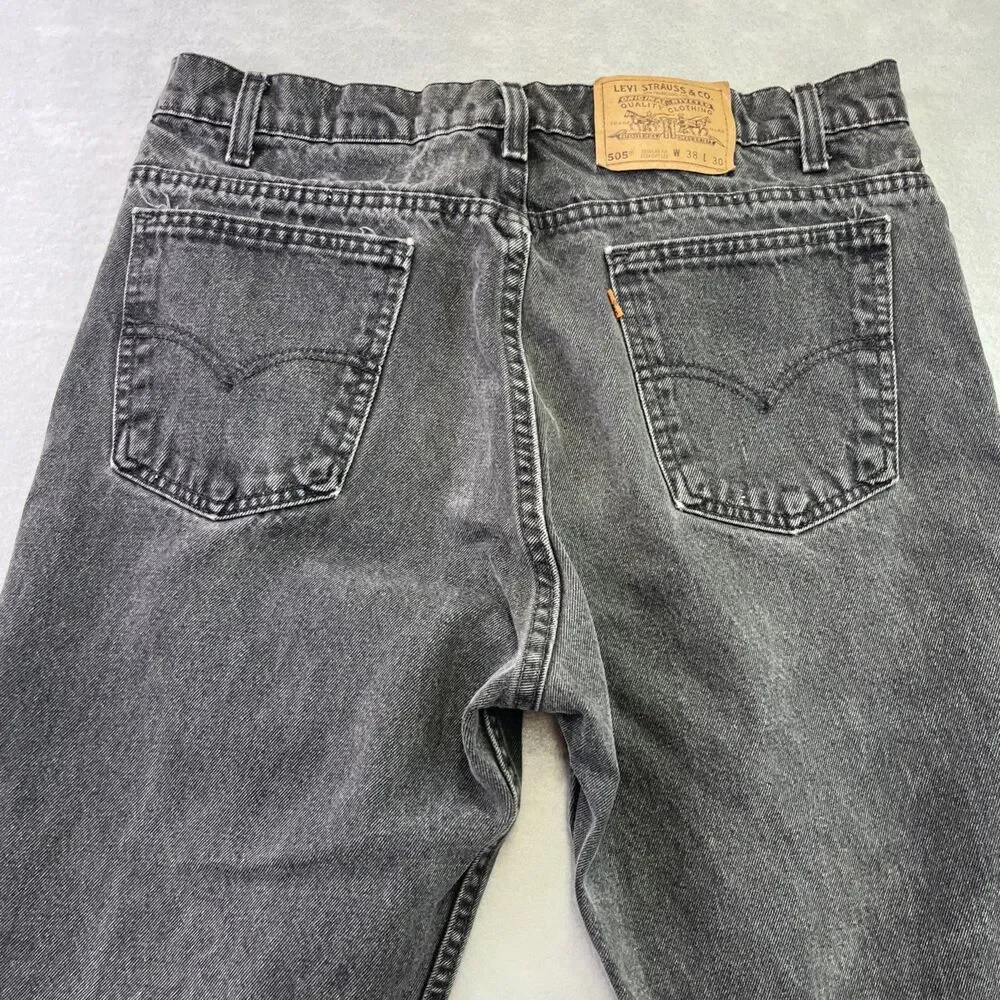 Levis Black Denim 505 Orange Tab Straight Leg Jeans 38x30 Vintage 90s Made USA